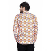 Mens cotton blended printed full sleeve multicolor shortkurta with mandarin neck and button closure, displaying vibrant patterns on a clothing hanger